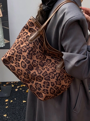 Dames Grote Capaciteit Luipaardprint Tote Bag Retro PU Leer Schoudertas Bedrukte Herfst Winter Veelzijdige Forensen Handtas