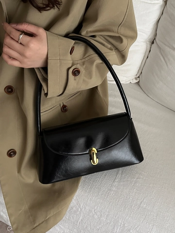 Vintage PU Leather Baguette Bag For Women Stylish Underarm Shoulder Bag With Metal Lock Casual Commuting Solid Color Handbag
