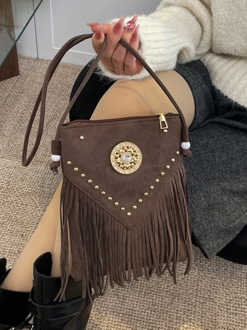 Bolso Bandolera de PU con Borlas Bohemio para Mujer Vintage Remache Diamantes de Imitación Bolso de Hombro Retro Flecos Bolso Diario