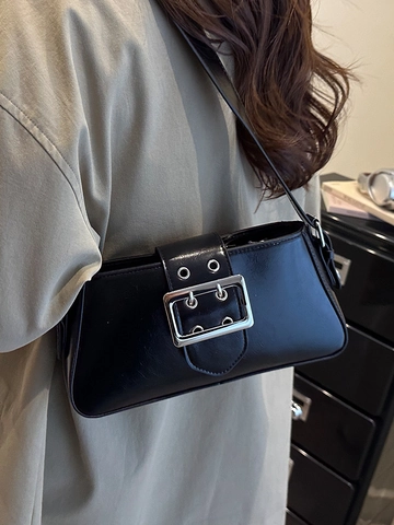 Bolso de Axila de Cuero PU Sencillo Retro para Mujer Moda Hebilla de Metal Grande Bolso de Hombro Color Sólido Bolso Baguette Diario Viaje