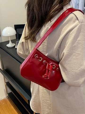 Trendy Women Retro Small Square Underarm Bag Minimalist PU Leather Shoulder Bag With Metal Eyelets Drawstring Fashion Handbag