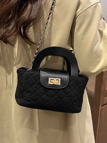 Women Vintage Quilted Bucket Bag PU Leather Stitching Crossbody Handbag With Metal Chain Shoulder Strap For Everyday Fashion