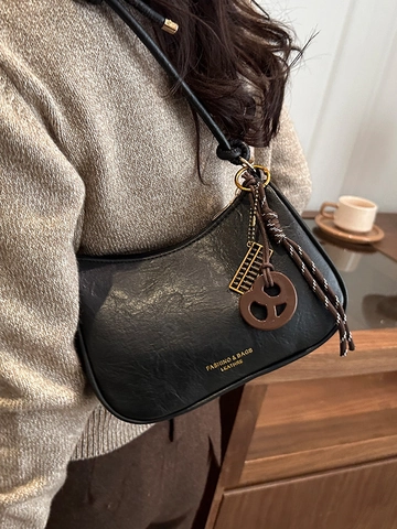 Women Retro PU Leather Underarm Shoulder Bag Fashion Small Square Crossbody Bag With Abacus Charm Knot Strap Minimalist Purse