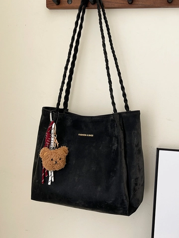 Minimalist Women PU Leather Tote Bag Large Capacity Commuter Shoulder Bag With Woven Handle Letter Print Plush Bear Charm