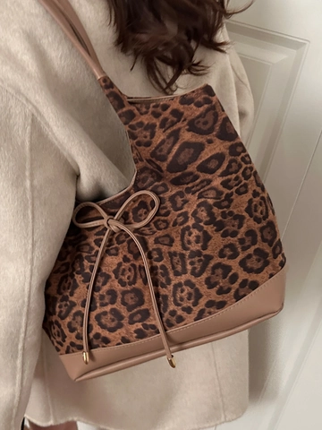 Borsa Tote da Donna con Stampa Leopardata Grande Capacità Borsa a Tracolla Vintage in Pelle PU con Fiocco Casual per Pendolarismo