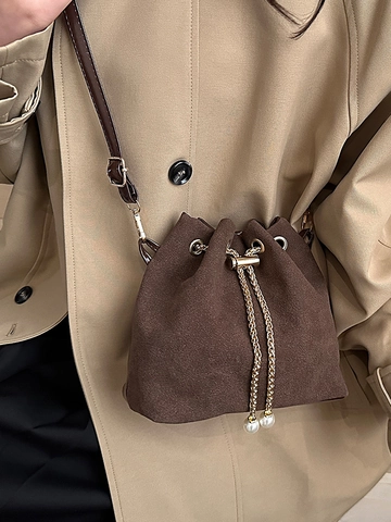 Secchiello Minimalista in Pelle PU Effetto Scamosciato da Donna Retro Catena Coulisse Borsa a Spalla Con Decorazione Perle