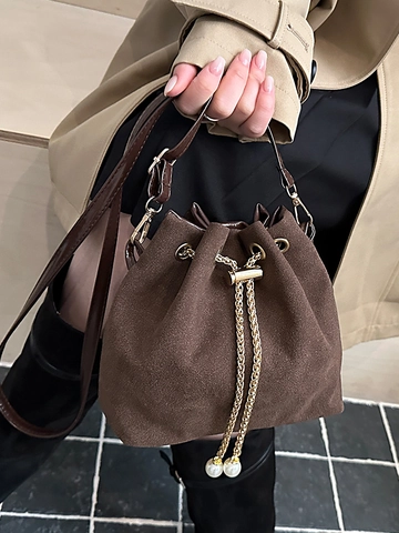 Secchiello Minimalista in Pelle PU Effetto Scamosciato da Donna Retro Catena Coulisse Borsa a Spalla Con Decorazione Perle