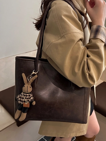 Large Capacity PU Leather Tote Bag For Women Minimalist Commuter Shoulder Bag With Detachable Rabbit Charm Handbag