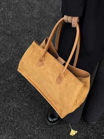 Women Large Capacity Tote Bag Urban Simple Suede PU Leather Shoulder Bag Solid Color Stitching Handbag For Daily Work Commuting