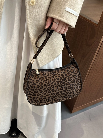 Vintage Leopard Muster PU Leder Unterarmtasche Für Damen Französisches Design Mode Schultertasche Mit Reißverschluss Casual Handtasche