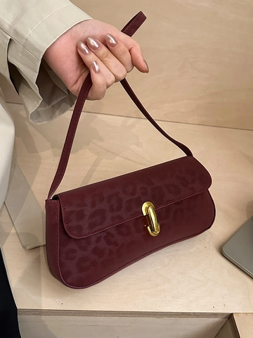 Retro Leopard Print PU Leather Underarm Bag For Women Fashion Baguette Shoulder Bag With Metal Buckle Daily Commuting Handbag
