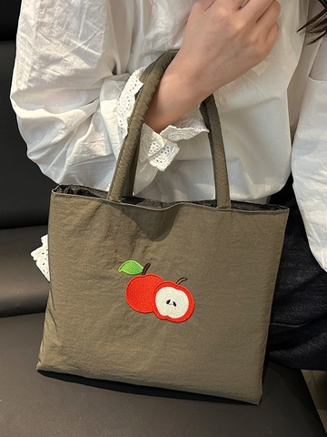 Casual Women Crinkle Canvas Tote Bag With Apple Embroidery Small Capacity Shoulder Bag For Daily Shopping Lunch Travel