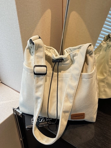 Damen Casual Cord Tote Bag Große Kapazität Kordelzug Umhängetasche Urban Simple Style Einfarbige Handtasche Für Den Alltag