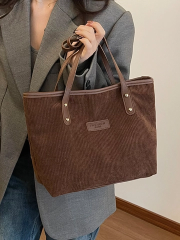 Borsa Tote in Velluto a Coste Retro da Donna Grande Capacità Borsa a Tracolla Con Cerniera Casual Minimalista Urbana