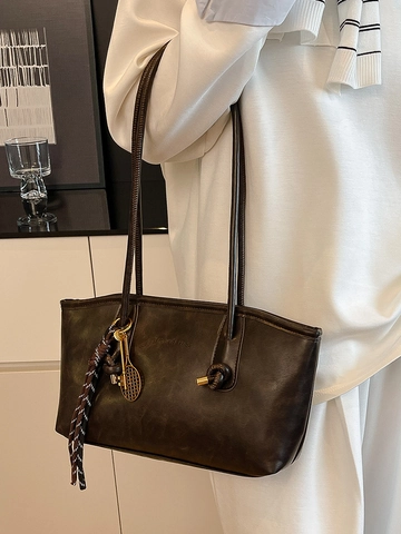 Borsa Spalla Retrò Pelle PU Donna Grande Capacità Tinta Unita Borsa Tote Moda Versatile Borsa Sottobraccio Con Ciondolo