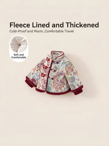 Giacca Invernale in Stile Cinese per Ragazze Completo Tang Jacquard Floreale Cappotto Imbottito Ispessito con Bordo in Pelliccia Sintetica e Bottoni a Farfalla