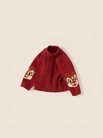 Kids Chinese Style Lion Dance Embroidery Red Knit Cardigan Acrylic Polyester Stand Collar Zipper Sweater For Boys Girls New Year