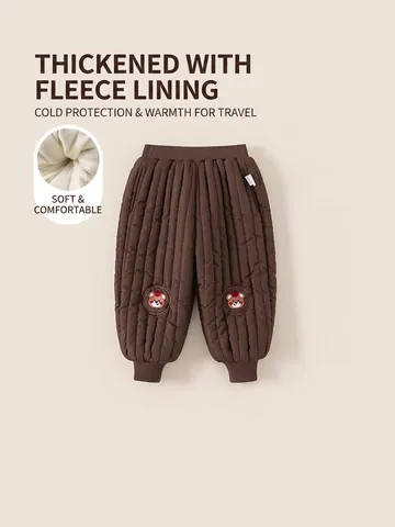 Kinder Winter Gesteppte Fleecehose Für Jungen Mädchen Dicke Warme Bärenstickerei Kleinkind Thermohose Lässige Elastische Taille Hose
