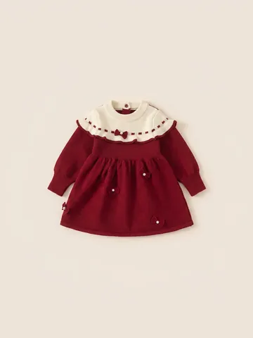 Mädchen Strickkleid Rot Kontrastfarbe Schleife Künstliche Perle Langarm Winter Dick A-Linie Prinzessin Kleid Für Kinder