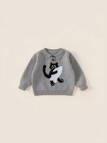 Kinder Casual Karikatur Katze Jacquard Strickpullover Warm Winter Langarm Polo Revers Acrylmischung Pullover Für Jungen Mädchen