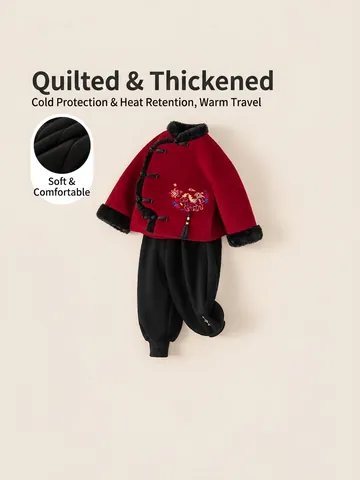 Completo di Abbigliamento Tradizionale Cinese per Bambini Completo Tang Invernale Trapuntato Ispessito Top Rosso Pantaloni Neri Ricamo Bestia Peliccia