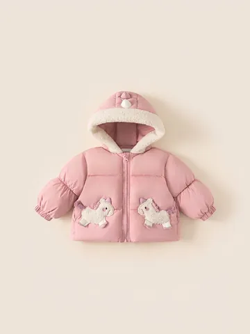 Girls Winter Padded Jacket Hooded Pink Unicorn Warm Outerwear Kids Sherpa Lined Quilted Nylon Polyester Puffer Coat