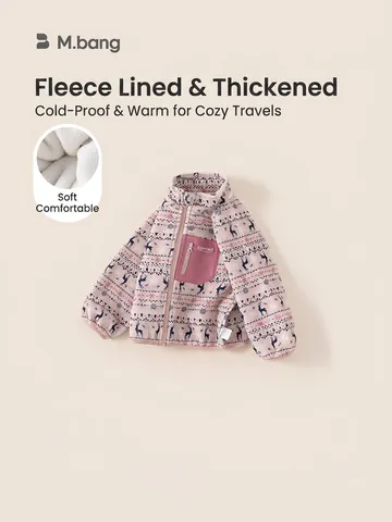 Giacca Invernale da Bambina Foderata in Pile con Stampa di Renne e Fiocchi di Neve Rosa Stile Nordico Cappotto Caldo