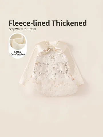 Girls Elegant Tweed Dress Outfit Fleece Lined Thickened Winter Princess Bowknot Top And Mesh Skirt Two Parts Outfit