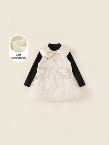 Girls Elegant Tweed Dress Outfit Fleece Lined Thickened Winter Princess Bowknot Top And Mesh Skirt Two Parts Outfit