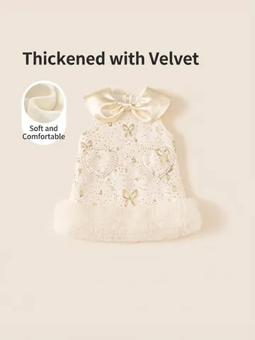 Robe de Fête d'Anniversaire de Princesse Élégante pour Filles Doublée en Polaire Épaisse Nœud en Satin Jupe en Tulle Paillettes Cœur
