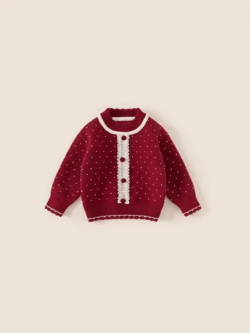 Mädchen Vintage Rote Strickjacke Pullover Herz Punkte Muster Spitzenbesatz Bommel Knopf Verdickte Warme Winter Oberteile