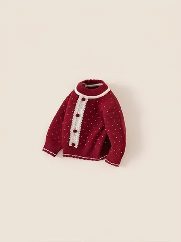 Mädchen Vintage Rote Strickjacke Pullover Herz Punkte Muster Spitzenbesatz Bommel Knopf Verdickte Warme Winter Oberteile