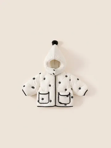 Chaqueta de Invierno Acolchada de Lunares para Niñas Con Capucha Puntiaguda Pompón Abrigo Acolchado de Nailon Ropa Cálida