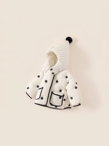 Chaqueta de Invierno Acolchada de Lunares para Niñas Con Capucha Puntiaguda Pompón Abrigo Acolchado de Nailon Ropa Cálida