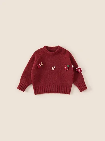 Maglione Natalizio Rosso a Maglia per Bambina Cervo Pupazzo di Neve Patchwork Caldo Pullover Invernale per Bambini Piccoli