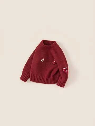 Maglione Natalizio Rosso a Maglia per Bambina Cervo Pupazzo di Neve Patchwork Caldo Pullover Invernale per Bambini Piccoli
