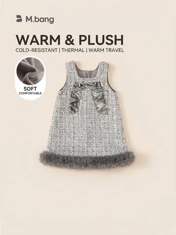 Girls Sequin Princess Dress With Bowknot Faux Fur Trim Fleece Lined Holiday Sleeveless Party Dress And Turtleneck Top Set