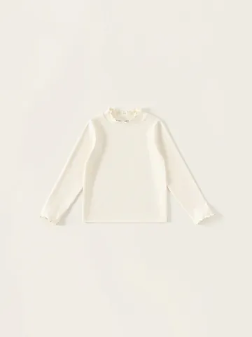 T-Shirt Fille en Coton avec Bord à Volants Manches Longues Couche de Base Tricot Côtelé Couleur Unie Col Montant Enfants