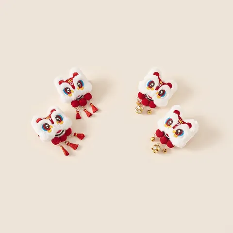 Pinzas para el Cabello de Peluche de Danza del León Chino Con Borlas y Campanas Accesorio de Pelo de Año Nuevo para Niñas Niños Hecho a Mano Etnico