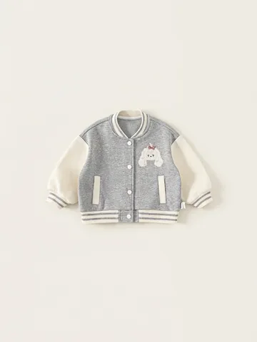 Veste Varsity Enfants Couleurs Contrastées Rayé Tricoté Bomber Blouson Avec Chiot Broderie Dessin Animé Vêtements Extérieur Printemps Automne