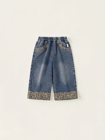 Jeans in Denim Patchwork Leopardato da Ragazza Moda Stile Coreano Vita Elastica Gamba Larga Pantaloni in Misto Cotone