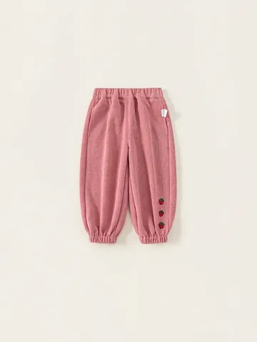 Girls Sweet Pink Sweatpants Strawberry Embroidery Elastic Waist Cuffed Hem Cotton Blend Casual Spring Autumn Kids Pants