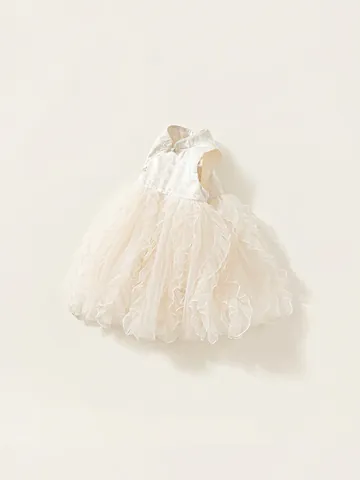 Vestido Escalonado de Malla de Estilo Chino para Niñas Sin Mangas Jacquard Princesa Vestido de Pastel para Fiesta Niños Blanco Crema