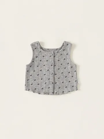 Gilet Dolce Senza Maniche da Ragazza Stampa a Fiocchi Maglia a Costine Monopetto Bordo a Volant Primavera Grigio Melange Casual