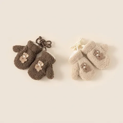 Cute Cartoon Bear Toddler Cotton Mittens Winter Warm Thickened Kids Gloves With Anti-Lost Rope For Baby Boys Girls