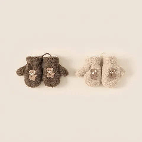 Cute Cartoon Bear Toddler Cotton Mittens Winter Warm Thickened Kids Gloves With Anti-Lost Rope For Baby Boys Girls