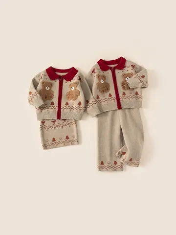 Kids Girls Knitted Acrylic Polyester Nylon Cardigan and Pants or Skirt Outfit Bear Christmas Tree Pattern Winter Clothes