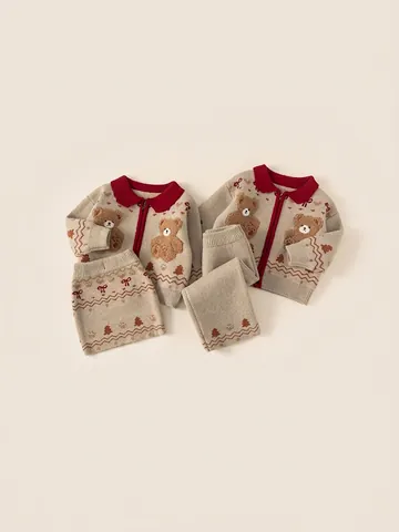 Kids Girls Knitted Acrylic Polyester Nylon Cardigan and Pants or Skirt Outfit Bear Christmas Tree Pattern Winter Clothes
