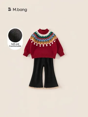 Girls Fair Isle Knit Sweater And Flare Pants Red Christmas Pullover Fleece Lined Warm Winter Clothing For Kids