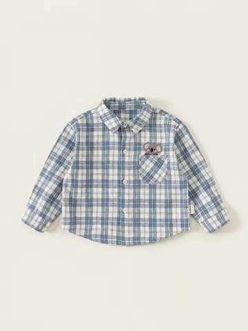 Kids Long Sleeve Plaid Shirt Cotton Koala Embroidery Lapel Button Up Top Casual Spring Autumn Children Clothing